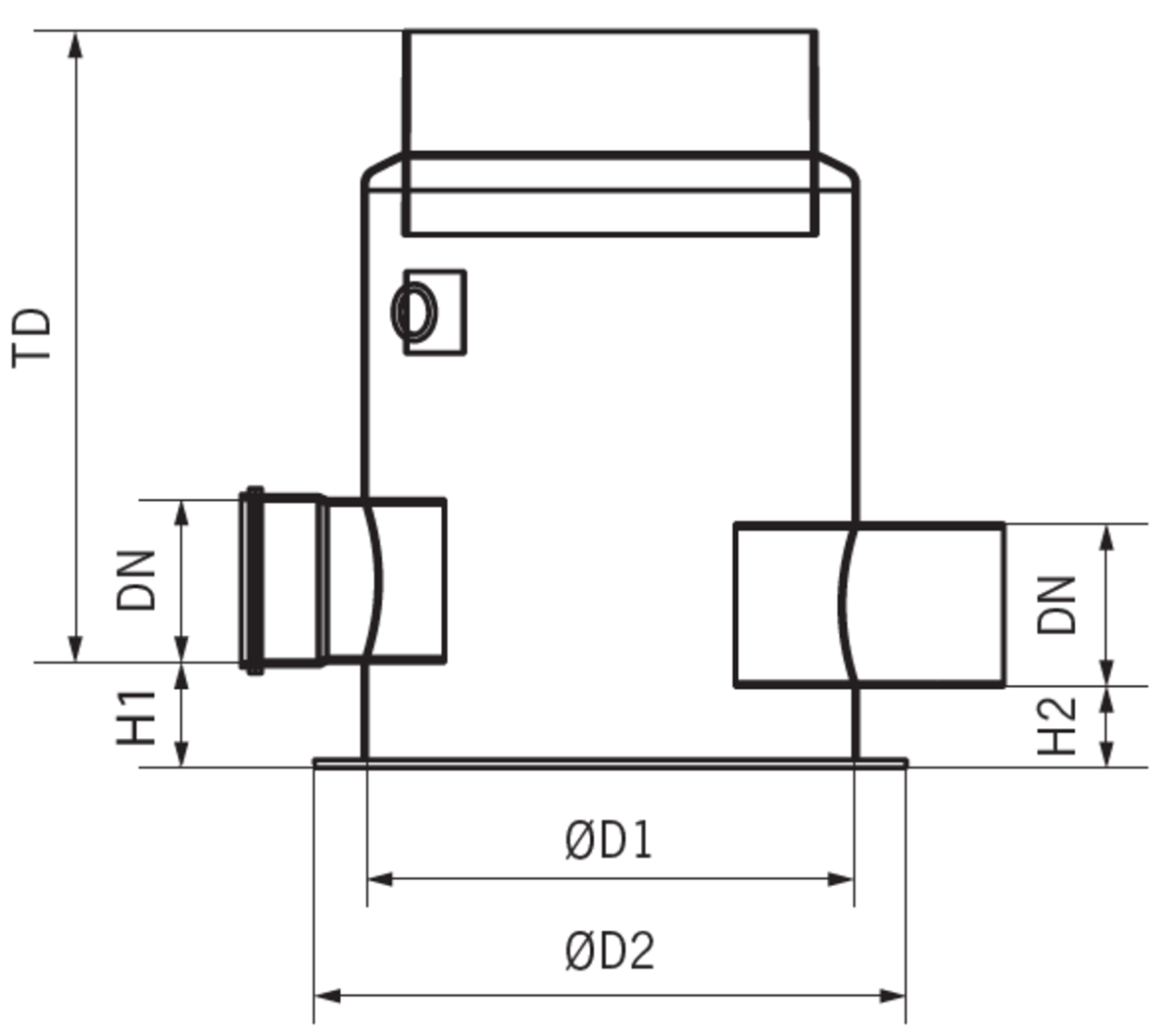 Esquema técnico de la arqueta para toma de muestras con conexión Ø160 y gradiente de 30mm, fabricado en plástico reforzado con fibra de vidrio (GRP). De dimensiones Ø728 H755.