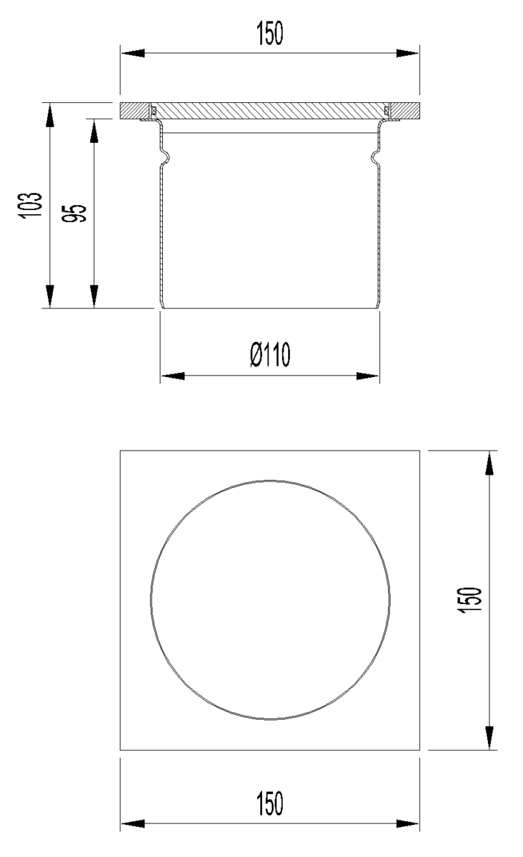 0Z212564 Esquema técnico do sumidouro EG150, fabricado em aço inoxidável AISI304, de dimensões L150 A150 H103, saída vertical DN110, sem sifão, com grelha estanque classe de carga K3.