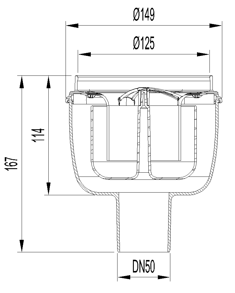 Esquema técnico do corpo de ralo EASYFLOW, fabricado em polipropileno, de dimensões Ø125 H167 fundo Ø149, saída vertical DN50, com sifão.