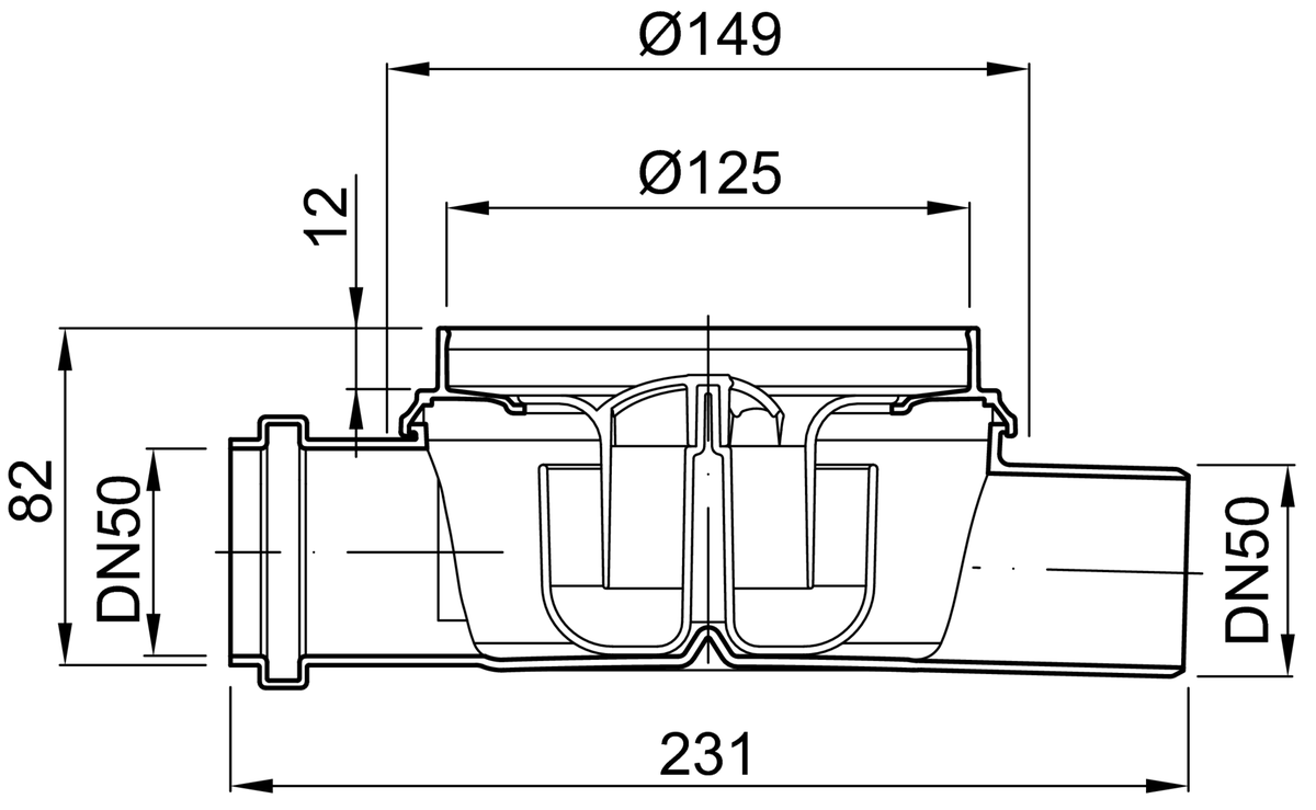 25050000 Esquema técnico del fondo sumidero EASYFLOW, fabricado en polipropileno, de dimensiones Ø125 H82 fondo Ø149, salida horizontal DN50, 1 entrada DN50, con sifon.