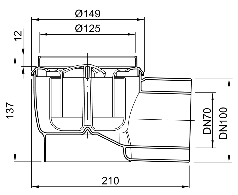27000500 Esquema técnico del fondo sumidero EASYFLOW, fabricado en polipropileno, de dimensiones Ø125 H137 fondo Ø149, salida horizontal DN70/100, con sifón.