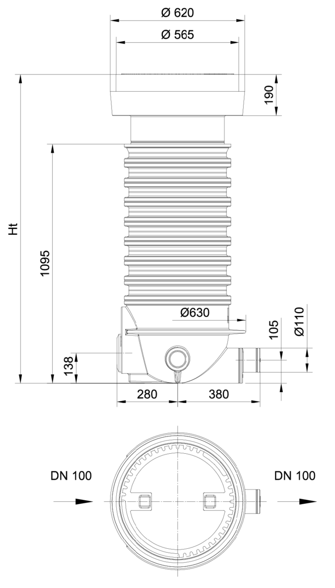 33001311 Esquema técnico de la arqueta para toma de muestras con conexión Ø110 y gradiente de 153mm, fabricado en polietileno de alta densidad (HDPE). De dimensiones Ø630 H1413, con tapa de Ø450 clase de carga D400.
