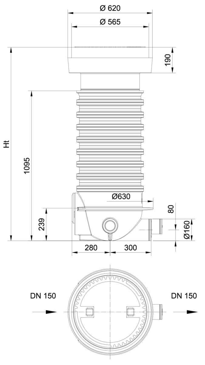 33001320 Esquema técnico de la arqueta para toma de muestras con conexión Ø160 y gradiente de 159mm, fabricado en polietileno de alta densidad (HDPE). De dimensiones Ø630 H1413, con tapa de Ø450 clase de carga D400.