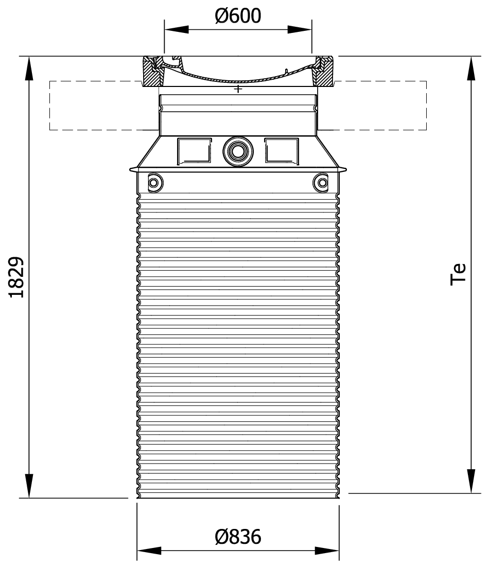 Esquema técnico da tampa ajustável para separador de gorduras. Inclui 1 tampa em fundição Ø600 D400 e realce em polipropileno de alta densidade (HDPE) cinza de Ø836 H1829 requer placa de distribução.