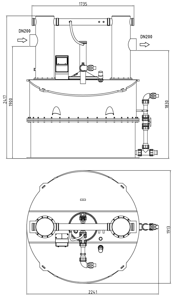 35954010 Esquema técnico del separador de grasas aéreo LIPATOR-P-RM NS25 de polietileno de alta densidad (HDPE), de dimensiónes L2241 A1913 H2417 DN200.