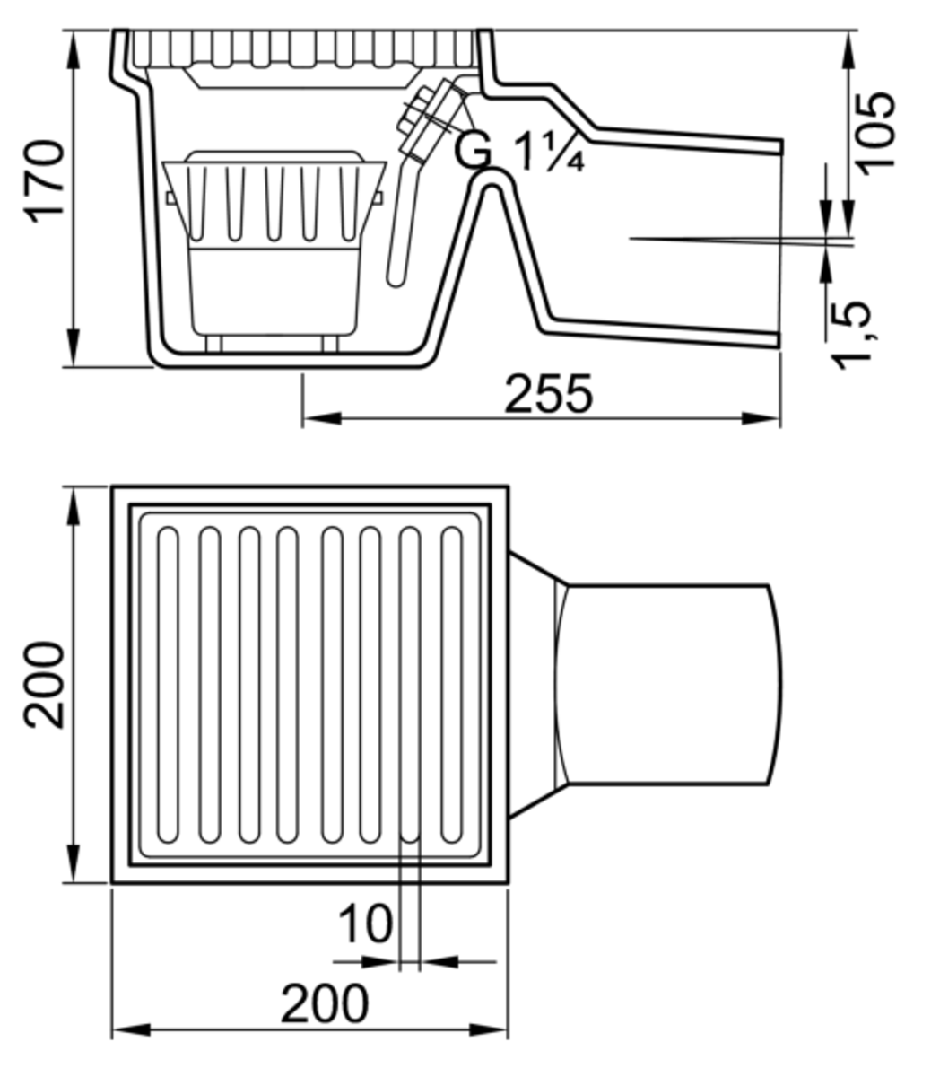 50010000 Esquema técnico com sifão COMPACT fabricado em fundição, de dimensões 200x200mm, de 170mm de altura exterior e com saida horizontal DN100.