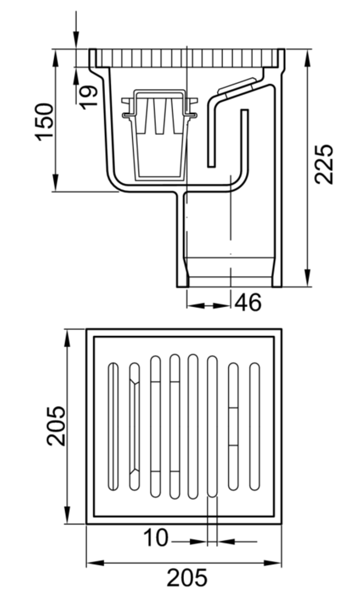 50094000 Esquema técnico com sifão COMPACT fabricado em fundição, de dimensões 205x205mm, de 225mm de altura exterior e com saida vertical DN100.