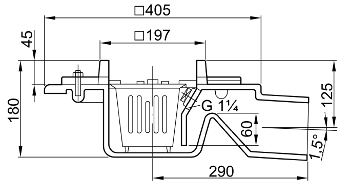 Esquema técnico del sumidero sifónico COMPACT en fundición, con clipaje para tela y salida horizontal DN 100.