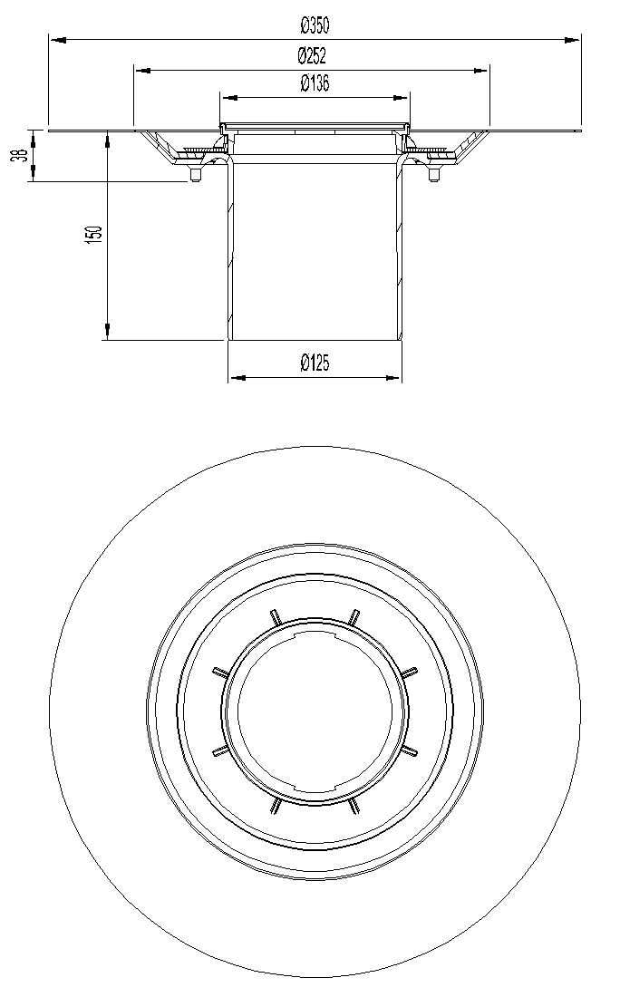 51414200 Esquema técnico del cuerpo sumidero EASYFLOW, fabricado en plástico ABS, de dimensiones Ø135 H150 fondo Ø125 con marco para impermeabilizació liquida, sin reja.