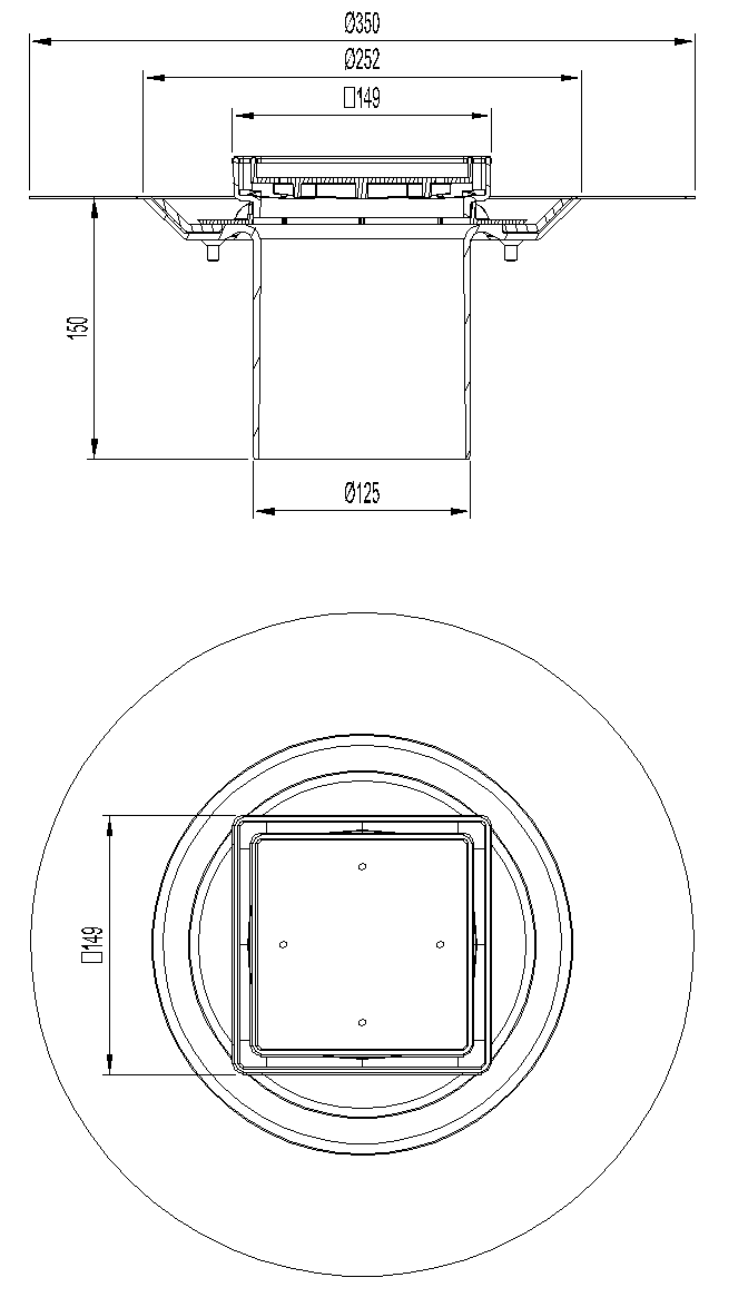 51414800 Esquema técnico del cuerpo sumidero EASYFLOW, fabricado en plástico ABS, de dimensiones L150 A150 H150 fondo Ø125 con marco para impermeabilizació liquida, sin reja.