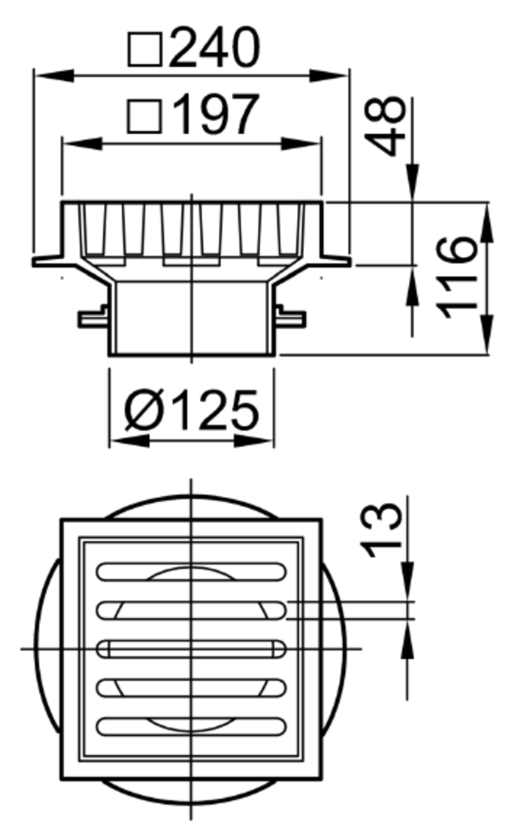 51418322 Esquema técnico del cuerpo sumidero NEW SELECTA, fabricado en fundición, de dimensiones L197 A197 H116 fondo Ø125, con reja ranurada sin fijación en fundición clase de carga K3.