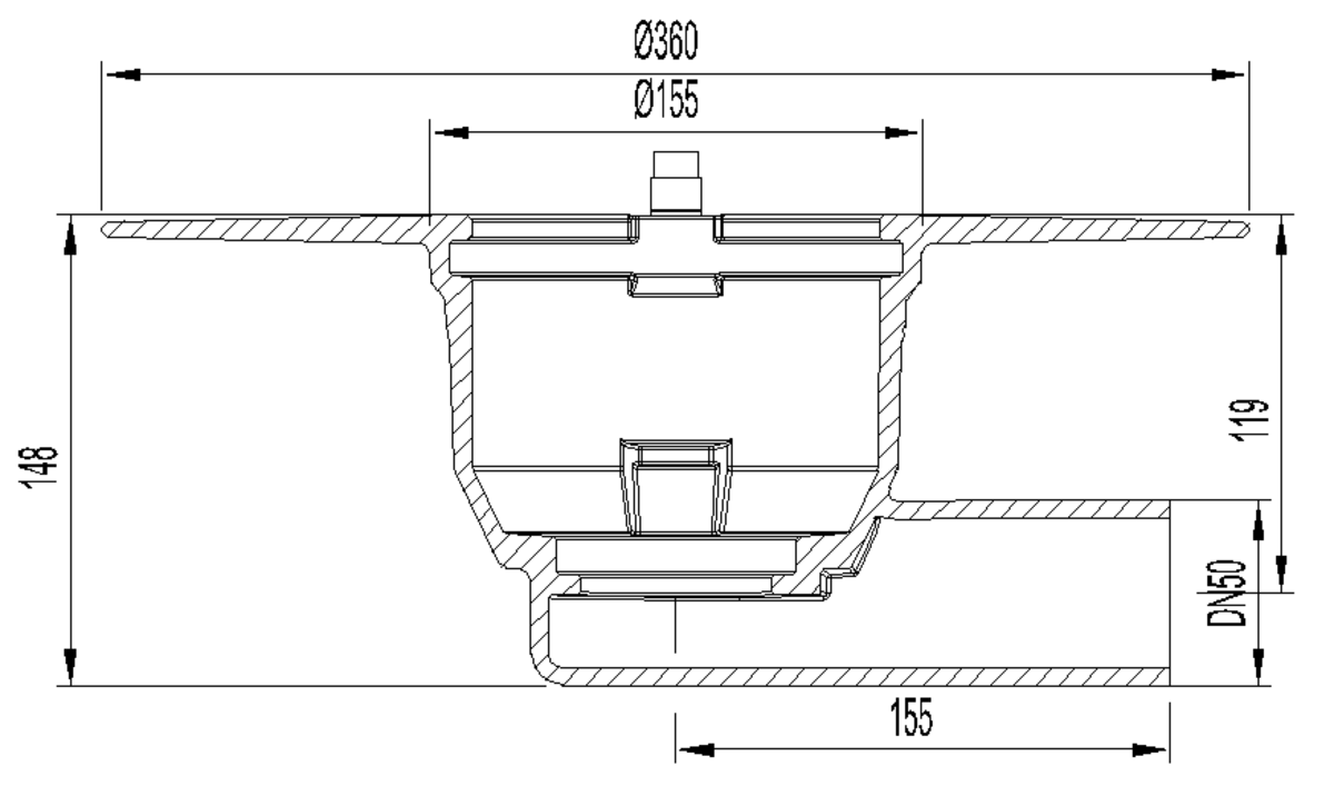 Esquema técnico do corpo de ralo NEW SELECTA, fabricado em fundição com pintura bituminosa, de dimensões Ø155 H147, com aro para impermeabilização líquida, saída horizontal DN50, sem sifão