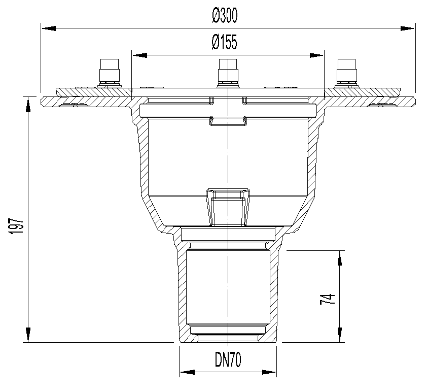 51711020 Esquema técnico do corpo de ralo NEW SELECTA, fabricado em fundição com pintura bituminosa, de dimensões Ø155 H197, com aro para fixação mecânica de tela, saída vertical DN70, sem sifão.