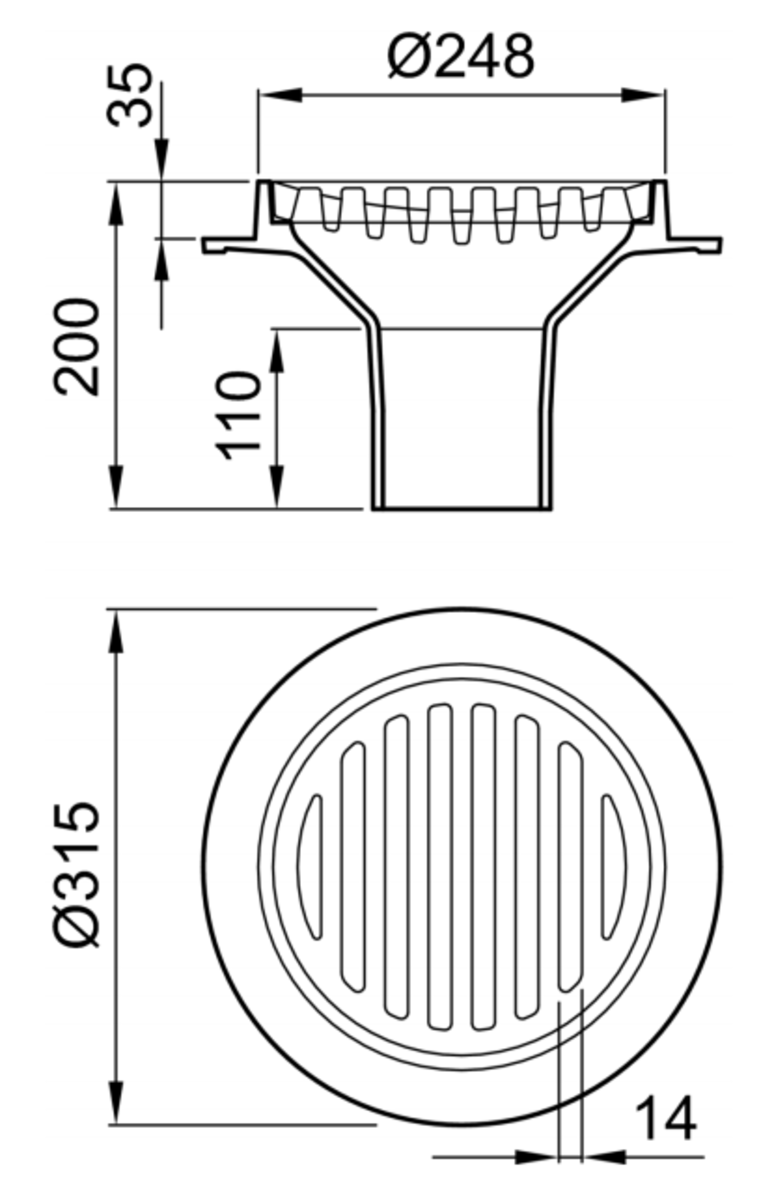51900500 Esquema técnico del sumidero COMPACT, fabricado en fundición. De medidas Ø248 mm, altura total exterior de 200 mm, salida vertical DN100.