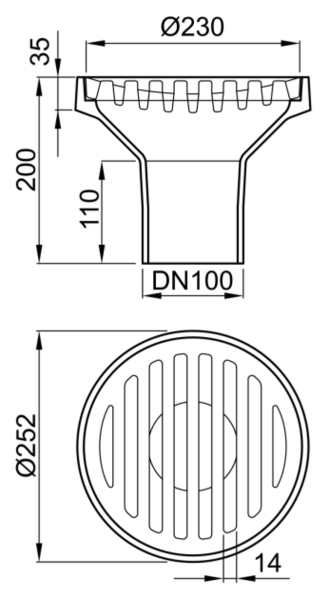 51910000 Esquema técnico del sumidero COMPACT, fabricado en fundición. De medidas Ø252 mm, altura total exterior de 200 mm, salida vertical DN100.