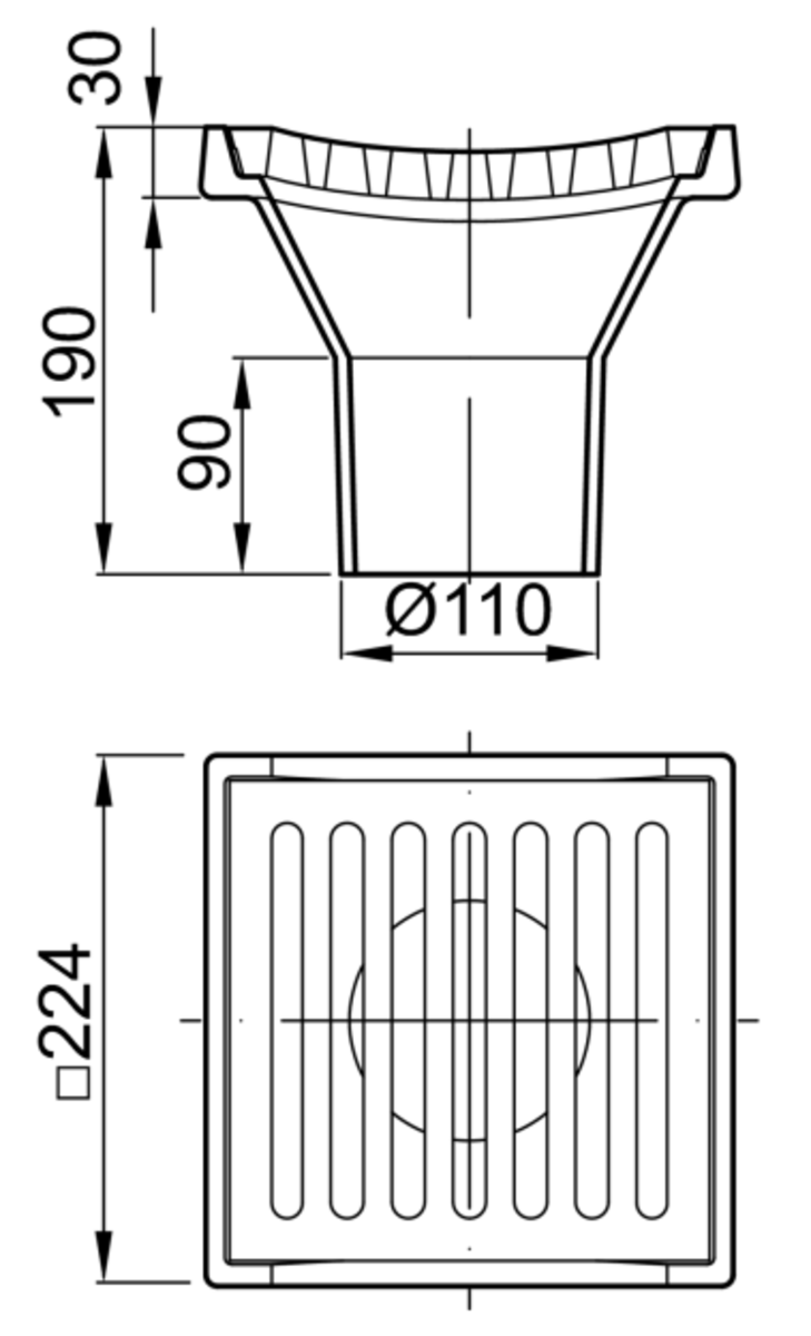 Esquema técnico del sumidero COMPACT, fabricado en fundición. De medidas 224x224 mm, altura total exterior de 190 mm, salida vertical DN100.