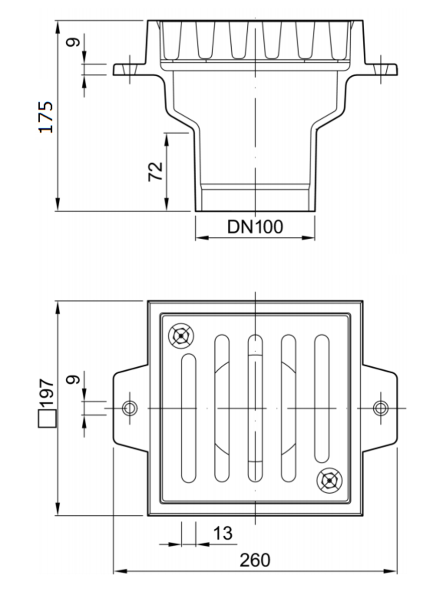51941900 Esquema técnico del sumidero no sifónico COMPACT fabricado en fundición, de dimensiones 200x200mm, de 175mm de altura exterior y con salida vertical DN100.