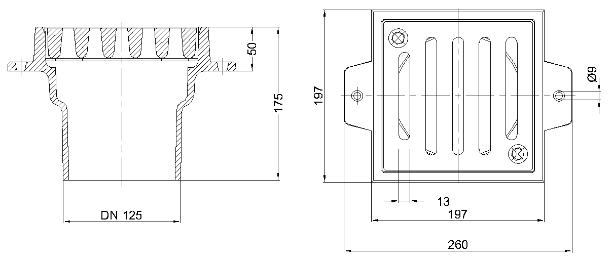 51942000 Esquema técnico del sumidero Compact, de dimensiones 197x197mm, 175mm de altura y con salida vertical DN 125.