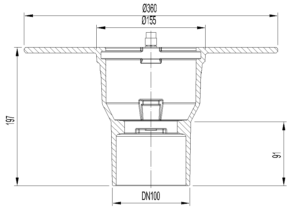 55701020 Esquema técnico do corpo de ralo NEW SELECTA, fabricado em fundição com pintura bituminosa, de dimensões Ø155 H197, com aro para impermeabilização líquida, saída vertical DN100, sem sifão