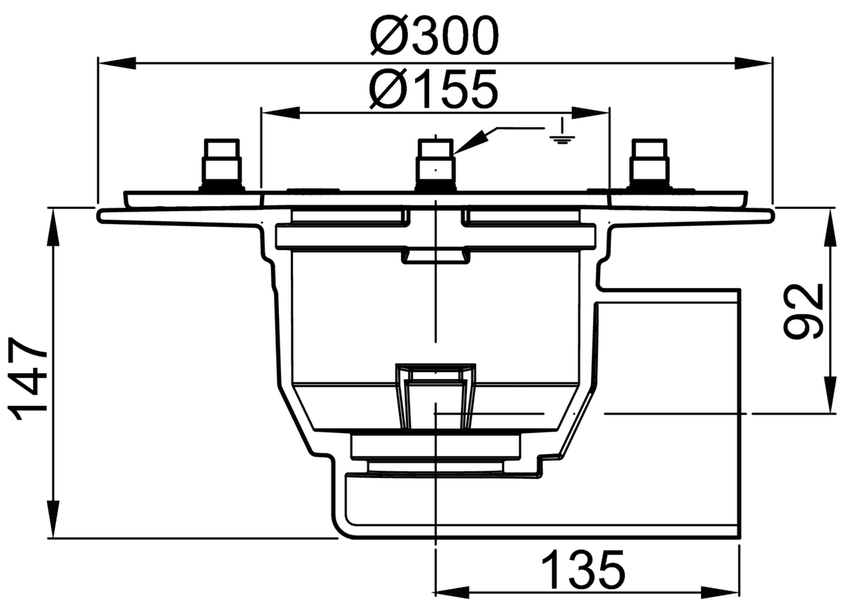 55714020 Esquema técnico do corpo de ralo NEW SELECTA, fabricado em fundição com pintura bituminosa, de dimensões Ø155 H147, com aro para fixação mecânica de tela, saída horizontal DN100, sem sifão.