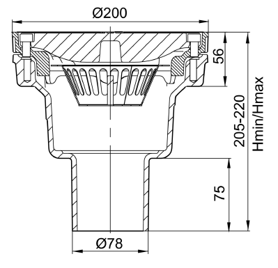 59320002_CAD Esquema de sumidero sin sifón tipo ACO PARKDRAIN, fabricado en fundición. De medidas Ø200 mm, altura total exterior de 205 mm, salida vertical DN70 ref.59320002