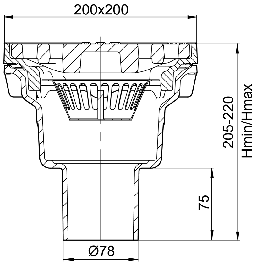 59340002_CAD Esquema de sumidero sin sifón tipo ACO PARKDRAIN, fabricado en fundición. De medidas 200x200 mm, altura total exterior de 205 mm, salida vertical DN70 ref.59340002