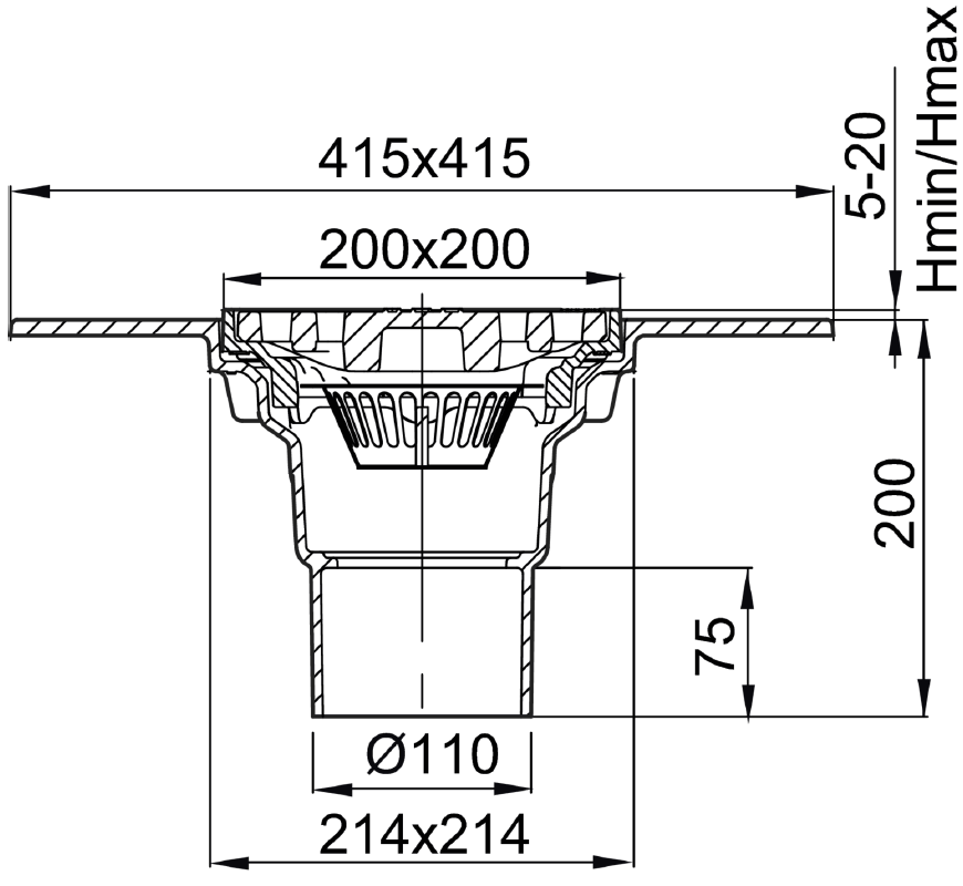 Esquema do sumidouro ACO PARKDRAIN, realizado em ferro fundido. Grelha de 200x200 mm, altura total exterior de 205 mm, saída vertical DN100 com marco primetral de 415X415 mm para classe de carga M125 ref.59351002