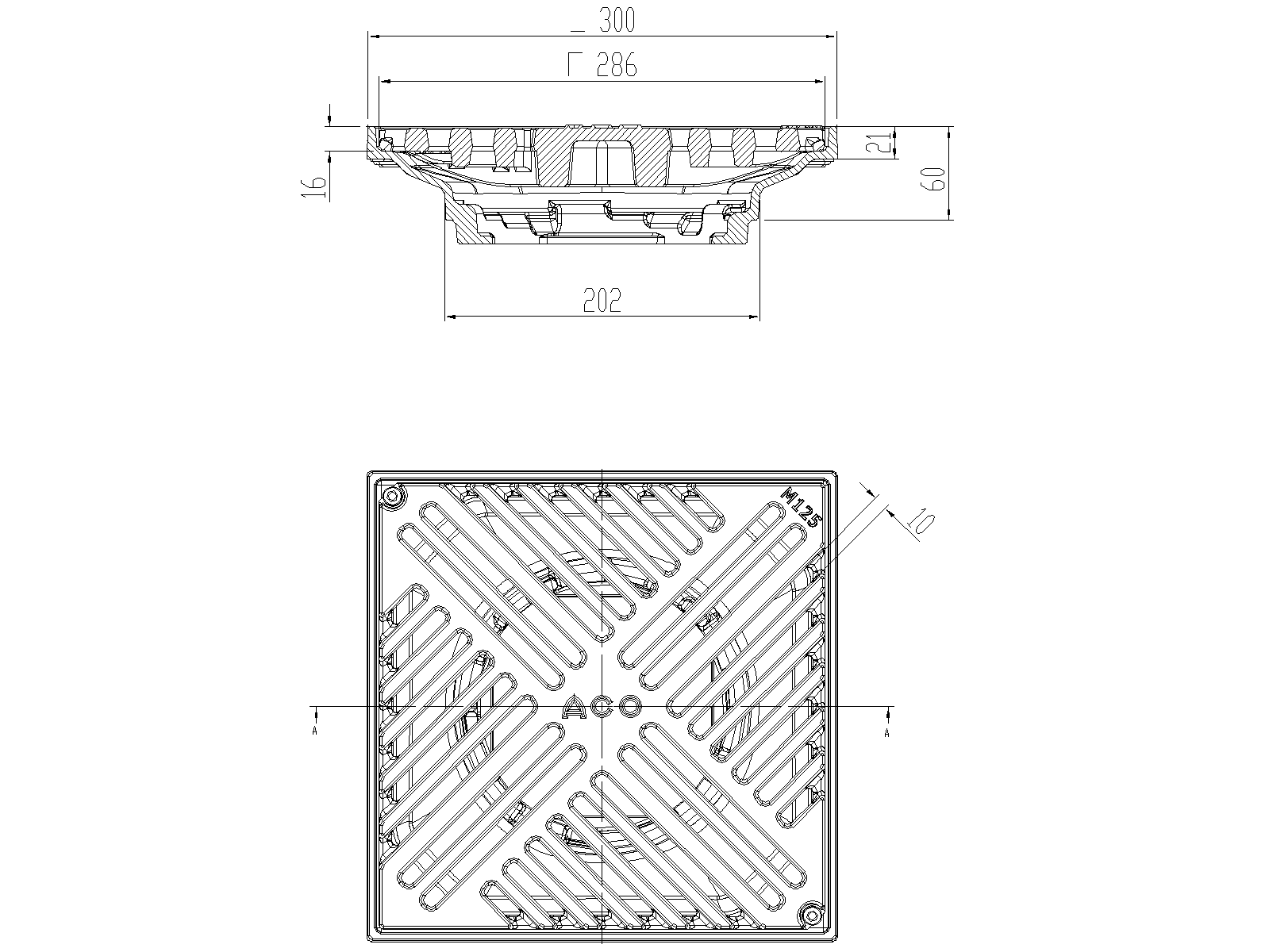 70004202 Esquema da grelha para sumidouro tipo ACO GRAVITY DN125-150, fabricada em ferro fundido, com un marco perimetral de 300x300mm e 60 mm de altura. Grelha tipo slot com largura visível de 286 mm e ranhuras de 10, para classe de carga M125