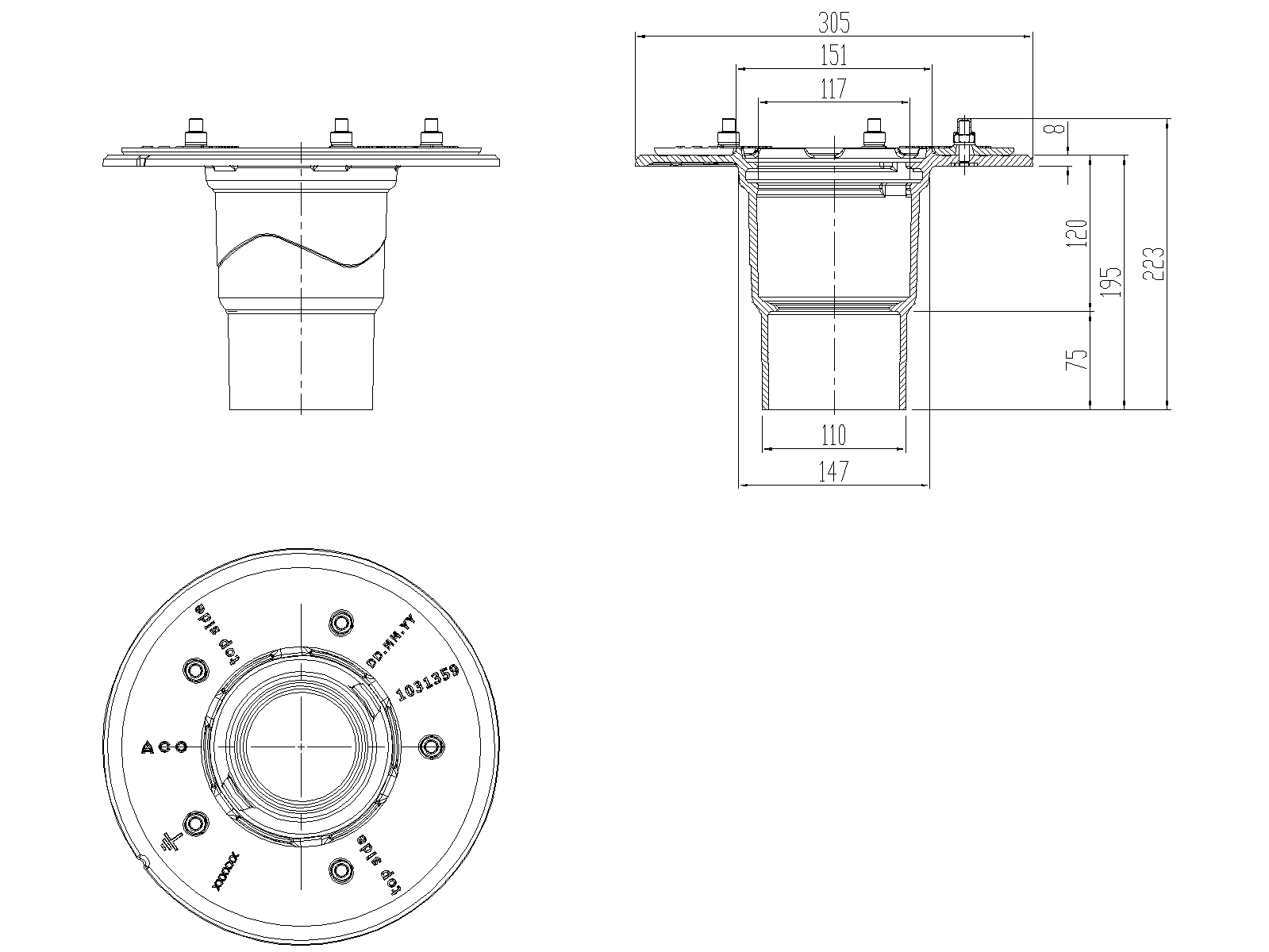 70341012_CAD Fondo no sifónico de sumidero de cubiertas de fundición tipo ACO GRAVITY para impermeabilización con salida vertical DN100 ref.70341012