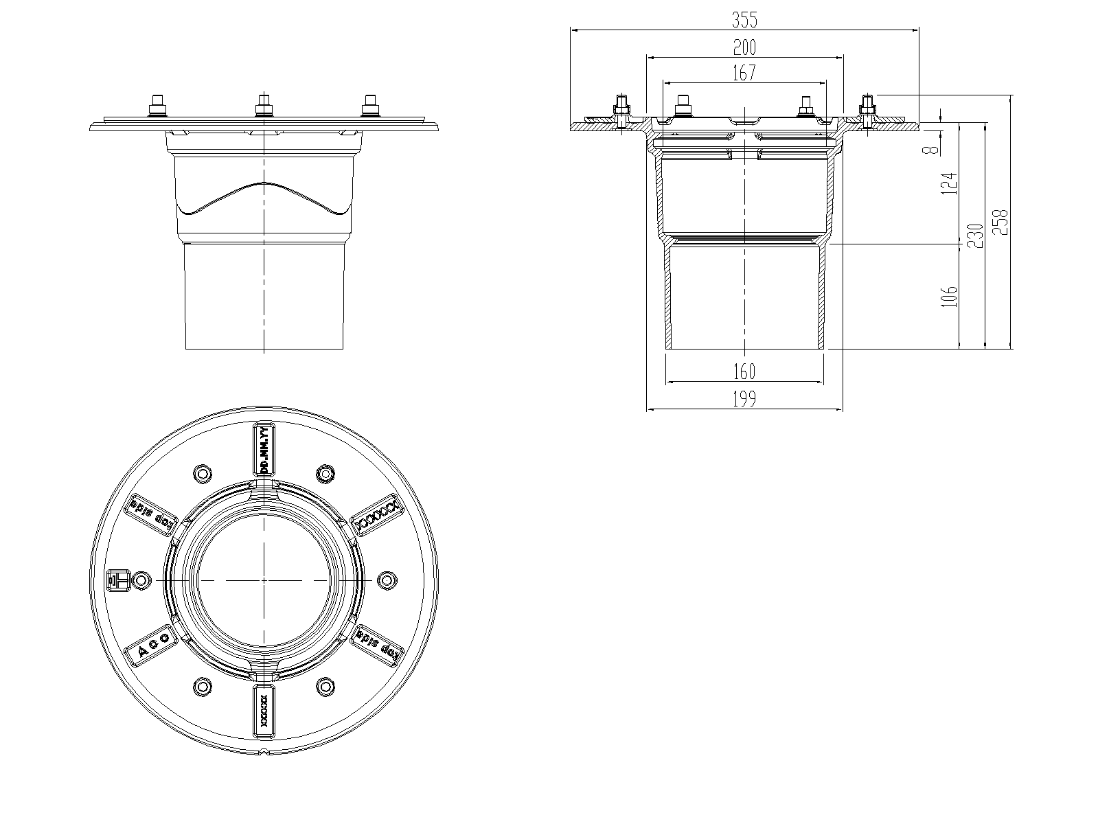 70361012_CAD Esquema de fondo no sifónico de sumidero de cubiertas de fundición tipo ACO GRAVITY para impermeabilización con salida vertical DN150 ref.70361012