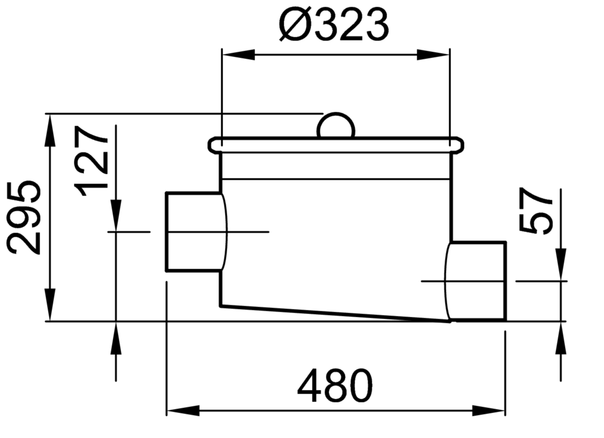 73000970 Esquema técnico del filtro de linea con conexión DN100 y salida horizontal, fabricado en acero inoxidable AISI316. De dimensiones Ø323 H295 con cestillo de acero inoxidable AISI316.