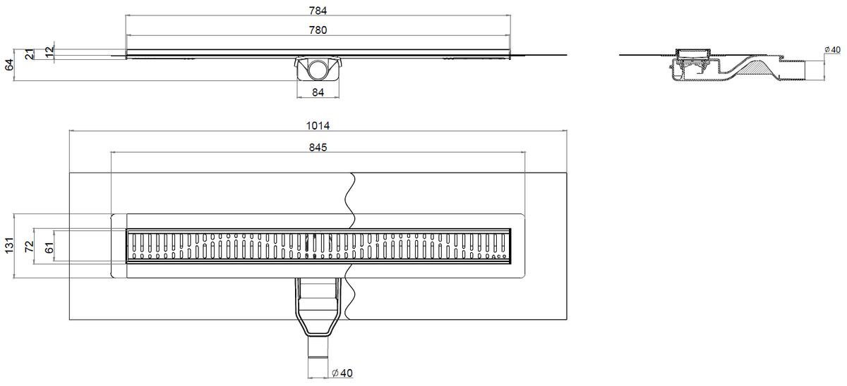 90108067 Esquema técnico del canal con tela SHOWERDRAIN-B L785 A70 H64 en acero inoxidable AISI304 con salida horizontal DN/OD 40 y con reja wave en acero inoxidable AISI304.