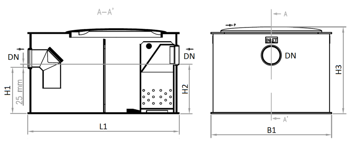 C0049079 Esquema técnico del separador de grasas biológico aéreo FSP NS2 de polietileno, de dimensiónes L610 A520 H440