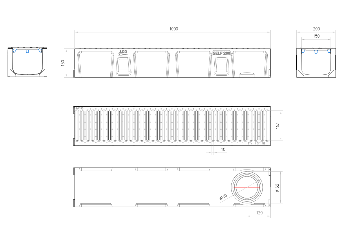 C0150001 Esquema técnico del conjunto de canal SELF 200 L1000 H150 en hormigon polímero con premarca para salida vertical DN/OD 160 y reja pasarela en acero galvanizado A15 con sistema de fijación por Springlock