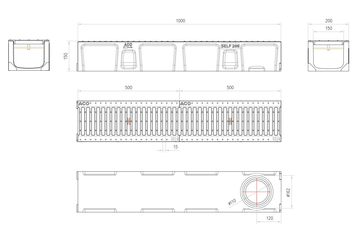 C0150003 Esquema técnico del conjunto de canal SELF 200 L1000 H150 en hormigon polímero con premarca para salida vertical DN/OD 160 y reja pasarela en fundición B125 con sistema de fijación por clavija