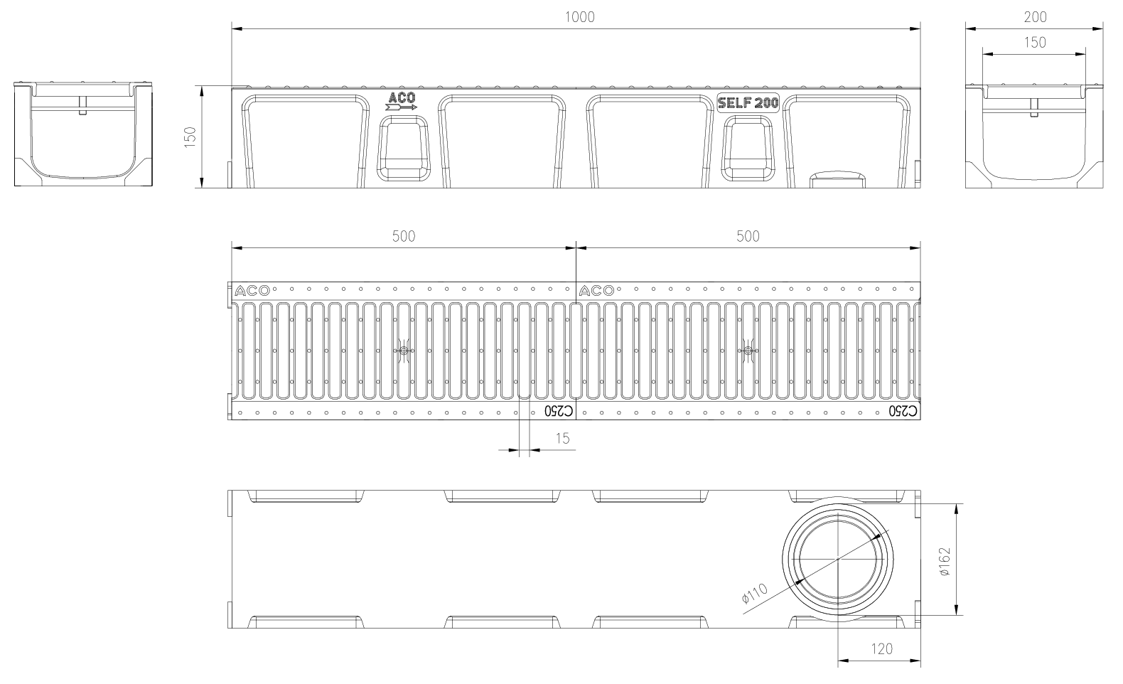 C0150004 Esquema técnico del conjunto de canal SELF 200 L1000 H150 en hormigon polímero con premarca para salida vertical DN/OD 160 y reja pasarela en fundición C250 con sistema de fijación por clavija