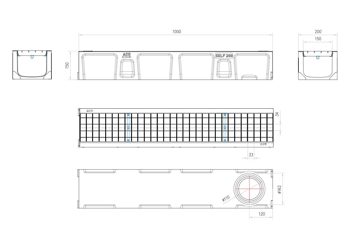 C0150005 Esquema técnico del conjunto de canal SELF 200 L1000 H150 en hormigon polímero con premarca para salida vertical DN/OD 160 y reja entramada 30x30 en acero galvanizado B125 con sistema de fijación por Springlock