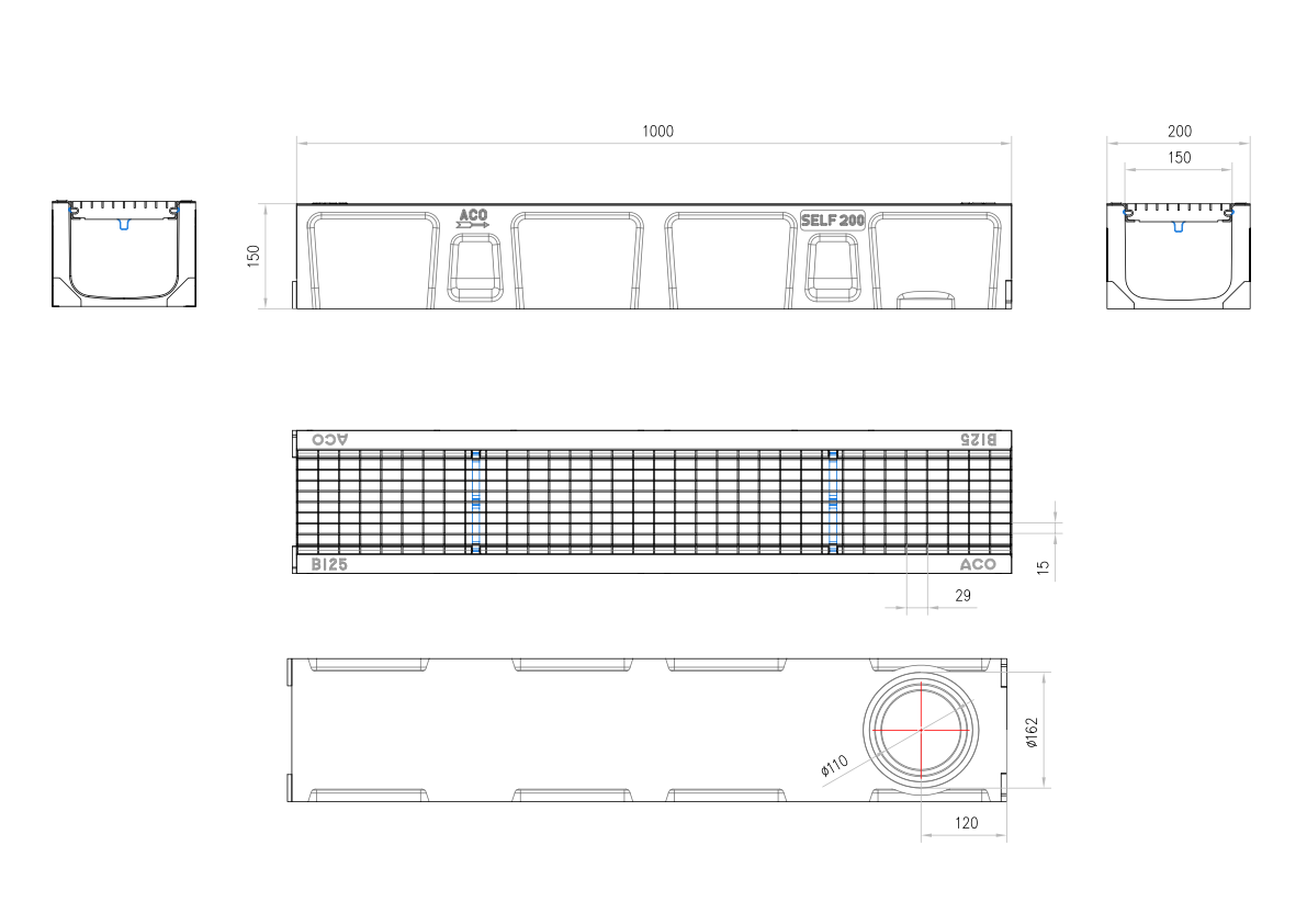 C0150006 Esquema técnico del conjunto de canal SELF 200 L1000 H150 en hormigon polímero con premarca para salida vertical DN/OD 160 y reja entramada 30x15 en acero galvanizado B125 con sistema de fijación por Springlock
