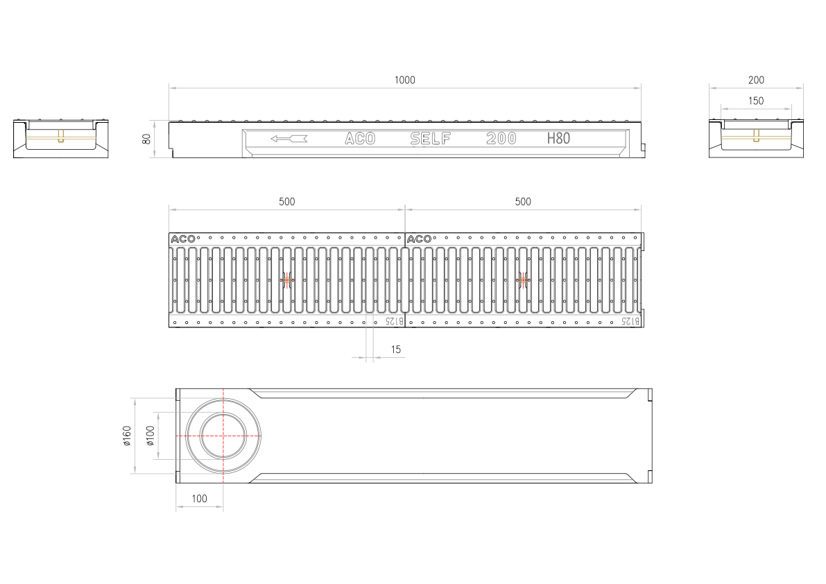 C0150022 Esquema técnico del conjunto de canal SELF 200 L1000 H80 en hormigon polímero con premarca para salida vertical DN/OD 110/160 y reja pasarela en fundición B125 con sistema de fijación por clavija