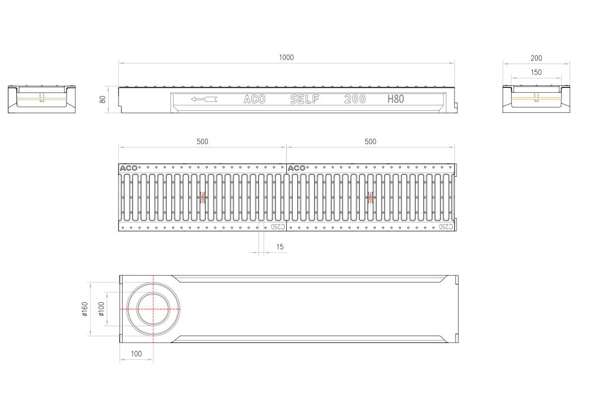 C0150023 Esquema técnico do conjunto de canal SELF 200 L1000 H80 em betão polímero com pré-marca para saída vertical DN/OD 110/160 e grelha passarela em fundição C250 com sistema de fixação por clavilha