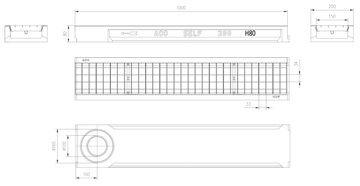 C0150024 Esquema técnico del conjunto de canal SELF 200 L1000 H80 en hormigon polímero con premarca para salida vertical DN/OD 110/160 y reja entramada 30x30 en acero galvanizado B125 con sistema de fijación por Springlock
