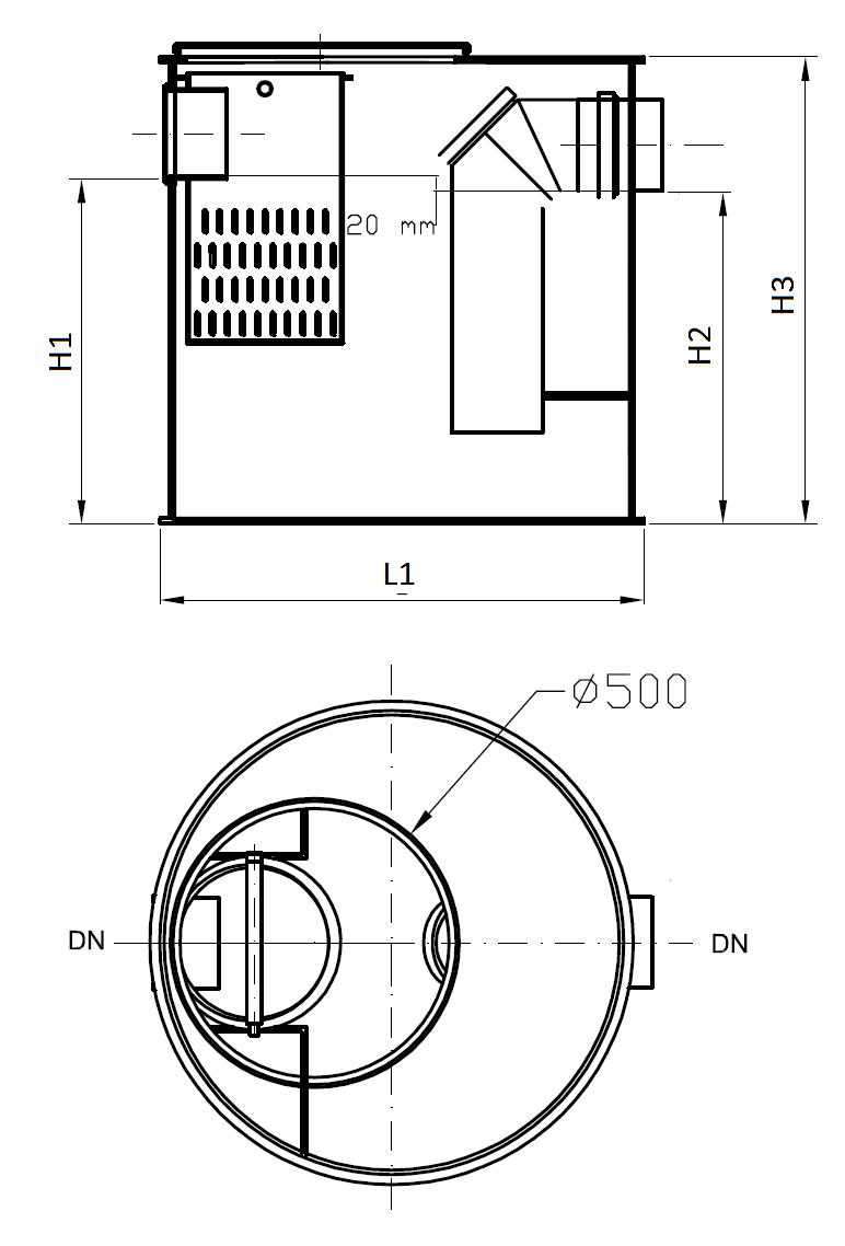 C0402617 Esquema técnico del separador de grasas biológico enterrado BGP NS2 de polipropileno, de dimensiónes Ø650 H458 DN/OD 110.