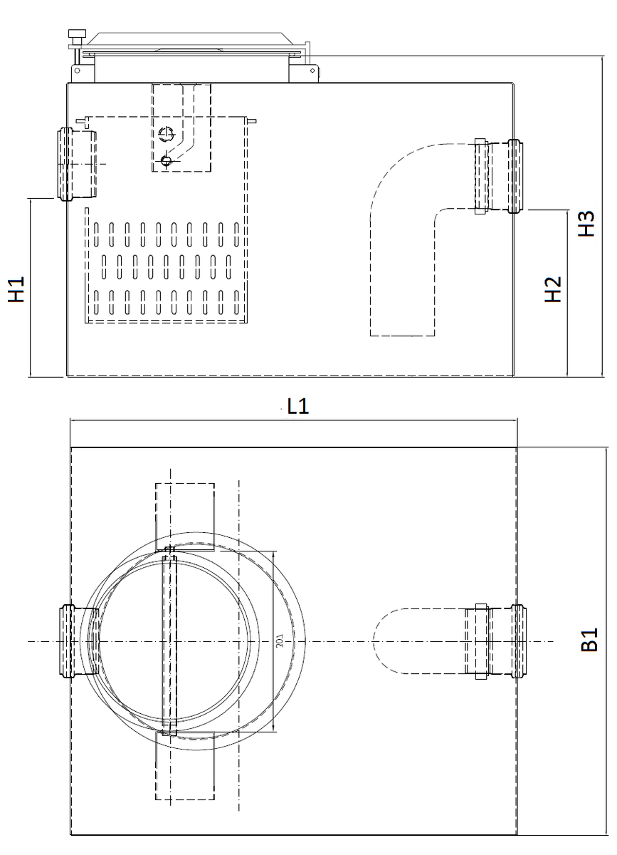 CA402628 Esquema técnico del separador de grasas biológico aéreo FSS NS1 de acero inoxidable AISI316, de dimensiónes L510 A500 H340