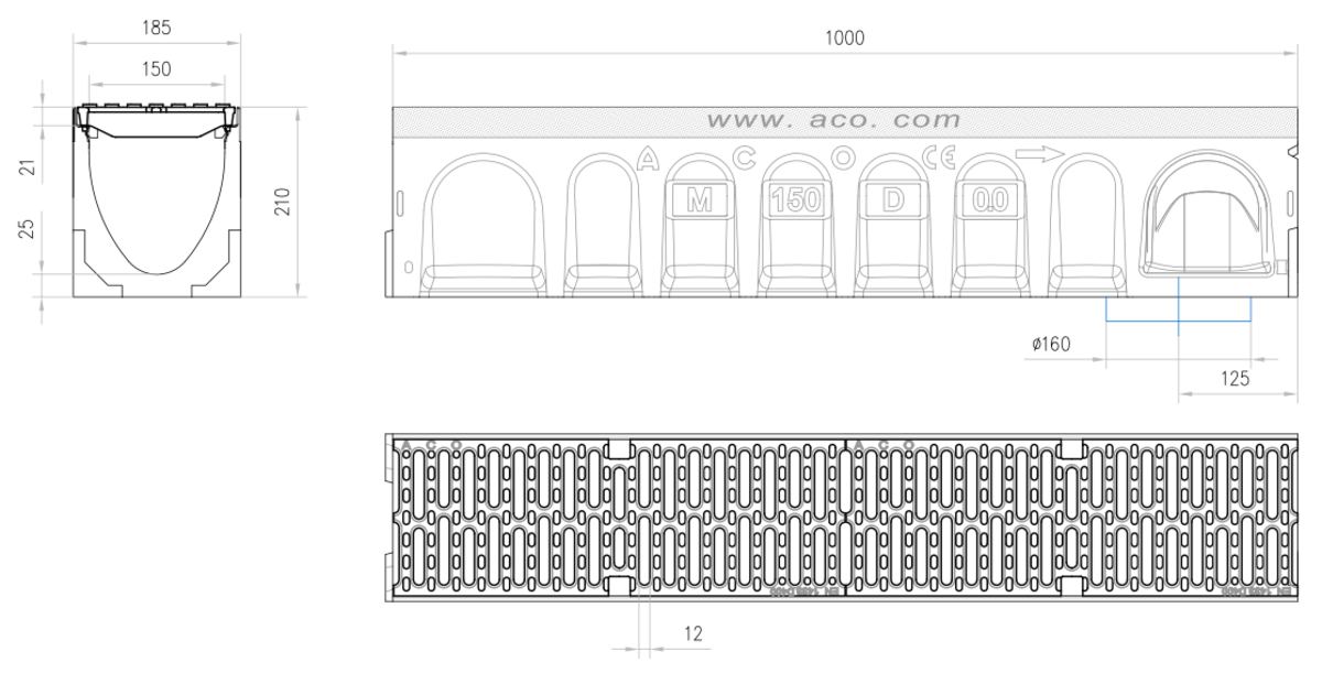 CNL MULTIDRAIN 150 0.0 C/RJ PAS Fº Esquema técnico del canal MULTIDRAIN 150 0.0 L1000 H210 de hormigón polímero con reja pasarela de fundición, sistema de fijación Drainlock y con premarca rompible DN/OD 160