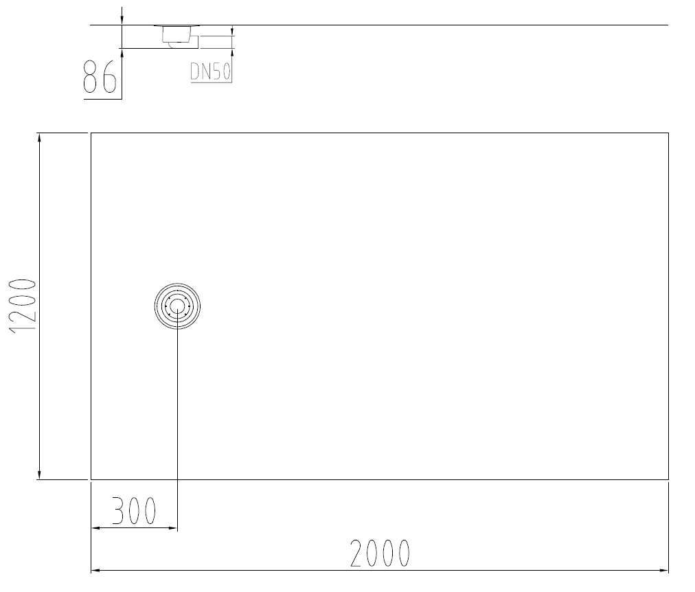 D0100222 Esquema técnico de la cazoleta en PVC, con tela de dimensiones L1200 A2000, con conexión Ø75 y salida horizontal DN50 descentrada.