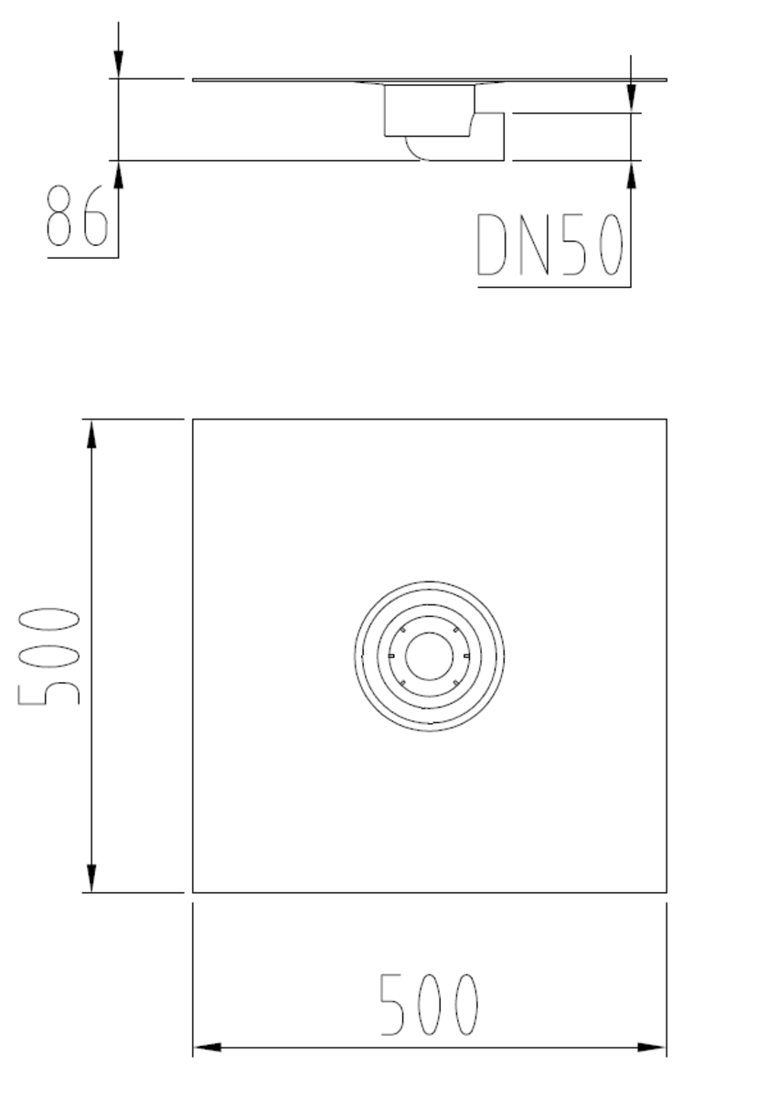 D0100224 Esquema técnico de la cazoleta en PVC, con tela de dimensiones L500 A500, con conexión Ø75 y salida horizontal DN50 centrada.
