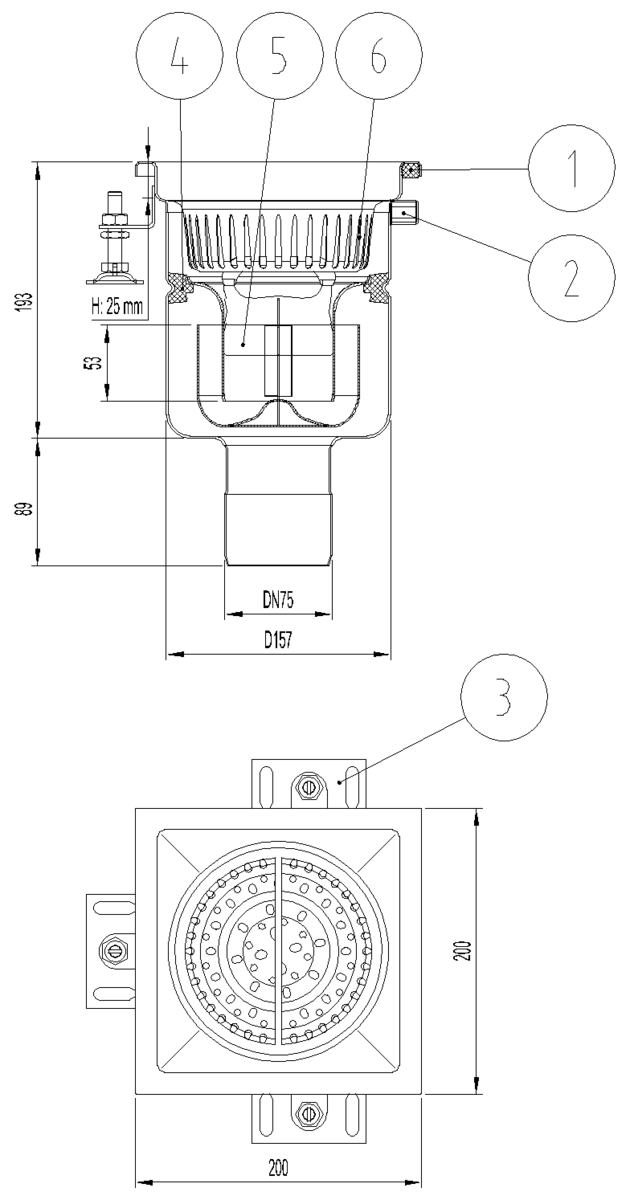 EG408001 Esquema técnico do sumidouro industrial EG FIXO, fabricado em acero inoxidável AISI304, de dimensões L200 A200 H285 fundo Ø157, saída vertical DN75, com sifão e cesto.