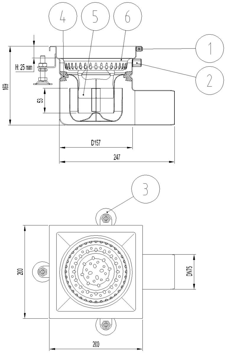 EG408009 Esquema técnico del sumidero industrial EG FIJO, fabricado en acero inoxidable AISI304, de dimensiones L200 A200 H170 fondo Ø157, salida horisontal DN75, con sifón y cestillo.
