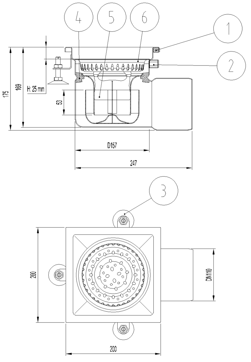 EG408011 Esquema técnico do sumidouro industrial EG FIXO, fabricado em acero inoxidável AISI304, de dimensões L200 A200 H170 fundo Ø157, saída horisontal DN110, com sifão e cesto.