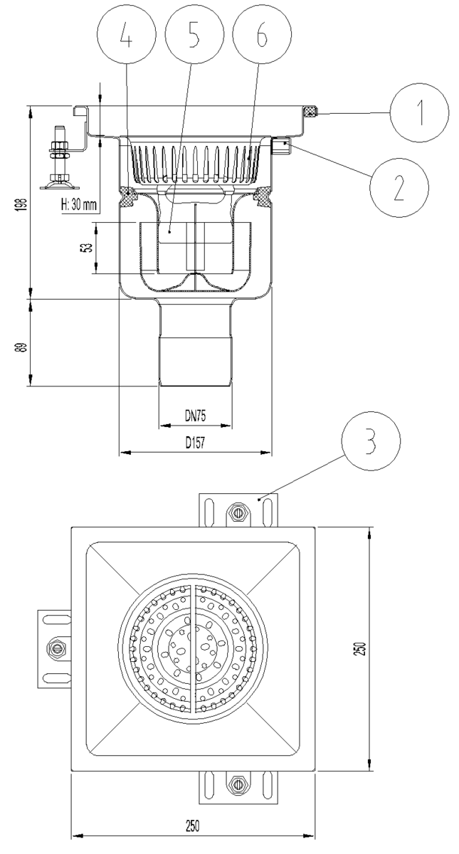 EG408017 Esquema técnico del sumidero industrial EG FIJO, fabricado en acero inoxidable AISI304, de dimensiones L250 A250 H289 fondo Ø157, salida vertical DN75, con sifón y cestillo.